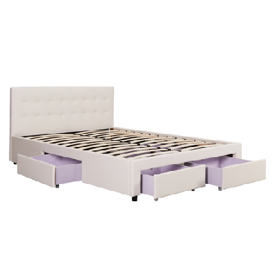 pu leather queen bed headboard with drawers storage - white