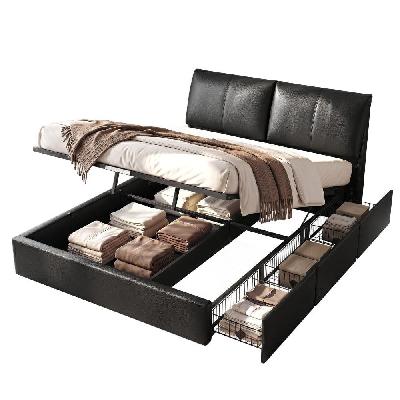 queen bed frame gas lift storage 3 drawers adjustable headboard platform bed black