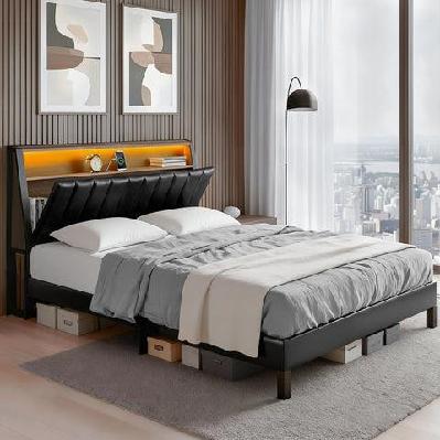 queen bed frame led storage headboard with charging station black