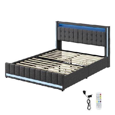 queen bed frame with led lights, usb ports, power outlets, and storage drawers – linen upholstery (grey)
