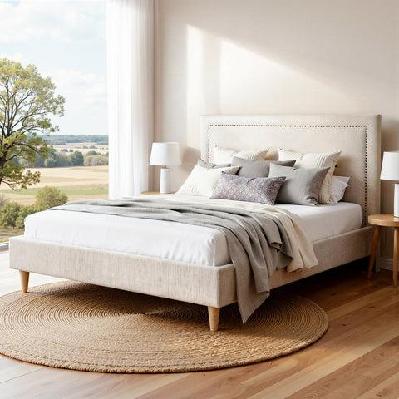 queen bed frame platform bed base upholstered headboard linen fabric beige