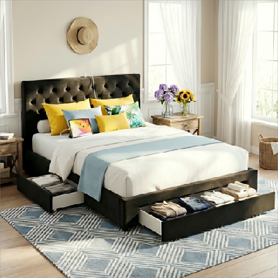 queen bed frame storage charging station upholstered 3 drawers usb type-c