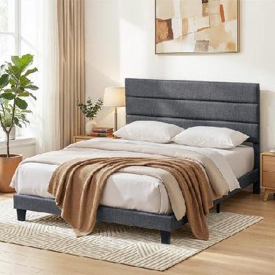 queen bed frame upholstered platform base with geometric headboard charcoal grey linen wood slats for modern bedroom furniture home decor
