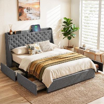 queen bed frame with 4 storage drawers and charging station tufted wingback headboard 300kg loads charcoal grey