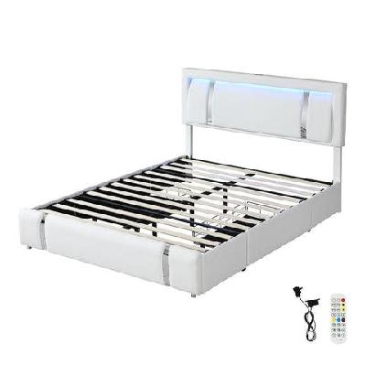 queen bed frame with adjustable led headboard and usb ports (white)