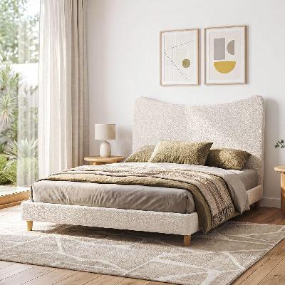 queen bed frame with boucle headboard, beige, 300kg capacity