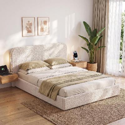 queen bed frame with bouclé headboard, usb-c charging and night lights