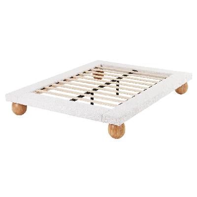 queen bed frame with boucle upholstery and solid rubber wood legs