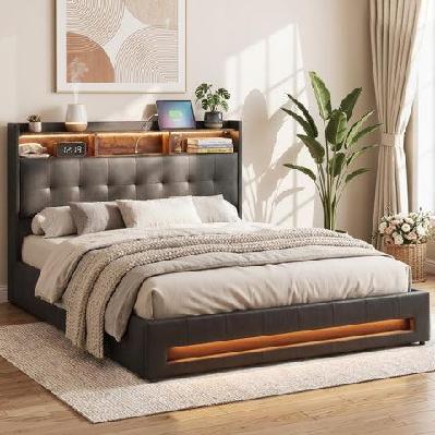 queen bed frame with gas lift storage led lights charging station headboard with open shelf