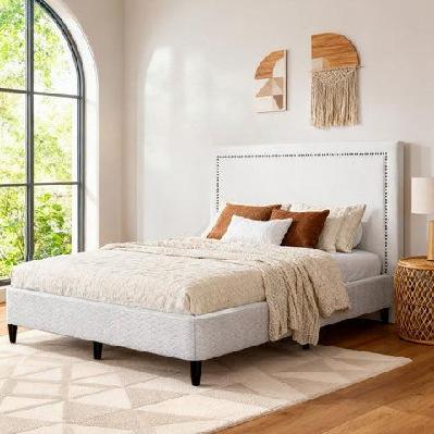 queen bed frame with headboard platform bed base grey beige fabric metal