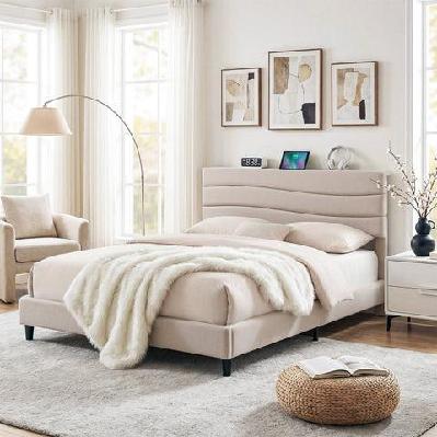 queen bed frame with storage adjustable headboard platform base linen fabric charging ports