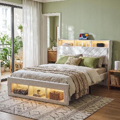 queen bed frame with storage charging station and led white