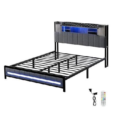 queen bed frame with storage headboard – grey linen, rgb led lights, usb charging, under-bed storage