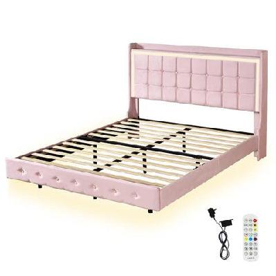 queen floating bed frame with rgb led lights, usb charging and velvet finish – pink
