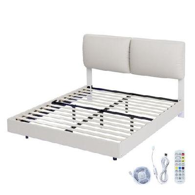 queen floating bed frame with rgb led lights and adjustable headboard – white