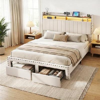 queen upholstered bed frame with shelf storage drawers charging station mood lighting linen