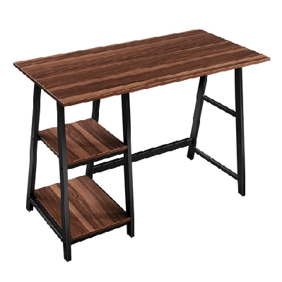 office study  writing computer desk metal frame w/ 2 storage shelves - dark walnut