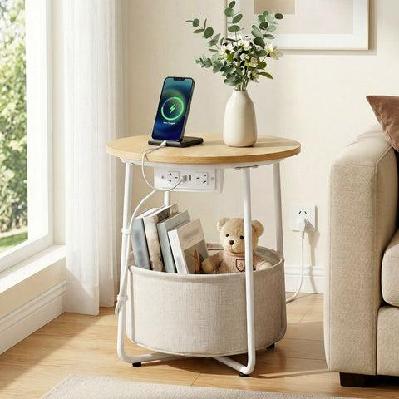 round coffee table side end table charging station storage basket
