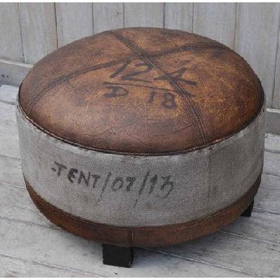 sebastian vintage rustic canvas leather round foot stool ottoman