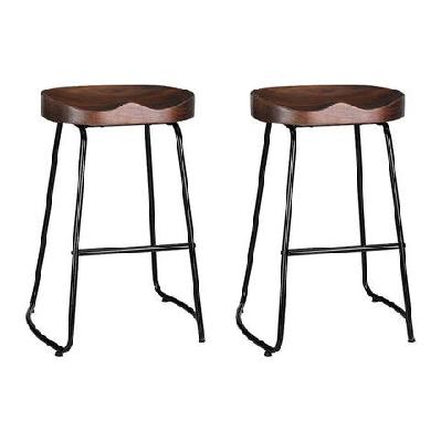 set of 2 elm wood backless bar stools 65cm - black and dark natural