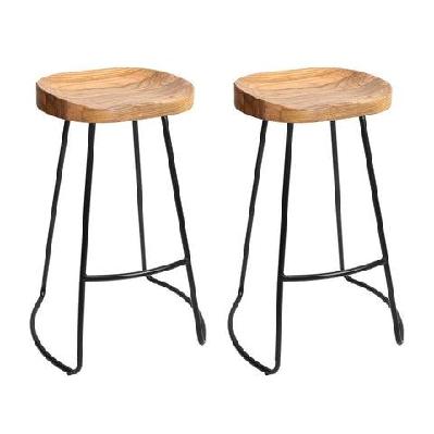 set of 2 elm wood backless bar stools 75cm - black and light natural