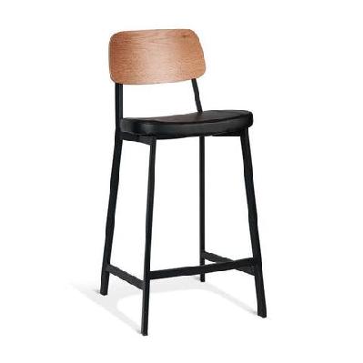 set of 2 - espriit enfys industrial bar stool 65cm - black frame - natural oak back - black cushion seat