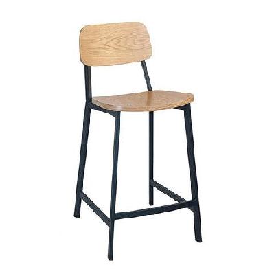 set of 2 - espriit enfys industrial bar stool 65cm - black frame - natural oak back - natural veneer seat