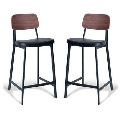 set of 2 - espriit enfys industrial bar stool 65cm - black frame - walnut back - black cushion seat