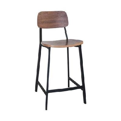 set of 2 - espriit enfys industrial bar stool 65cm - black frame - walnut back - walnut veneer seat