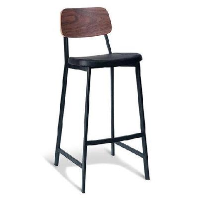 set of 2 - espriit enfys industrial bar stool 75cm - black frame - walnut back - black cushion seat
