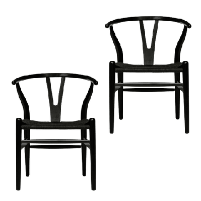 set of 2 - hans wegner replica wishbone cord dining chair - black seat - black