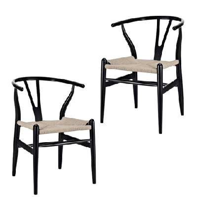 set of 2 - hans wegner replica wishbone cord dining chair - natural seat - black