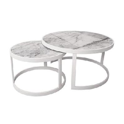 set of 2 leonardo nesting marble round coffee table metal frame - white