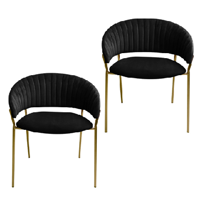 set of 2 lex velvet fabric dining chair w/ brass gold legs - black