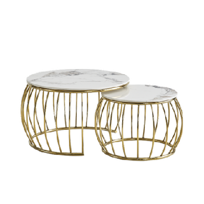 set of 2 nesting coffee table round faux marble ceramic gold/white