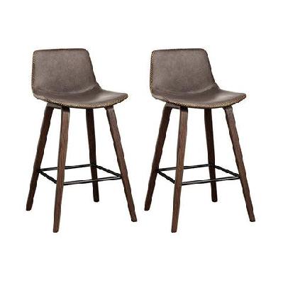 set of 2 pu leather bar stools square footrest - wood and brown