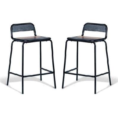 set of 2 - sam aurora industrial flat bar stool - 65cm - black frame - brown timber seat