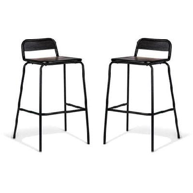 set of 2 - sam aurora industrial flat bar stool - 75cm - black frame - brown timber seat