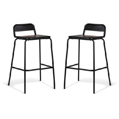 set of 2 - sam aurora industrial flat bar stool - 75cm - black frame - brown timber seat