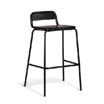 set of 2 - sam aurora industrial flat bar stool - 75cm - black frame - brown timber seat