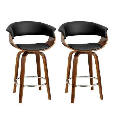 set of 2 swivel pu leather bar stool - wood and black
