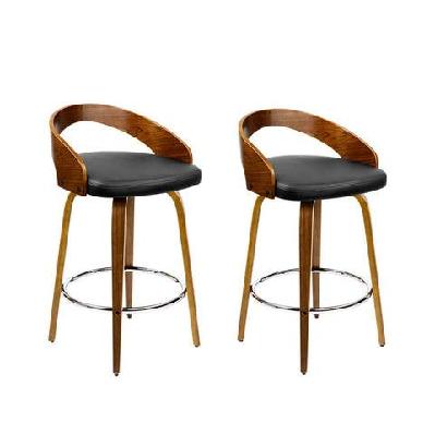 set of 2 walnut wood bar stools - black and brown