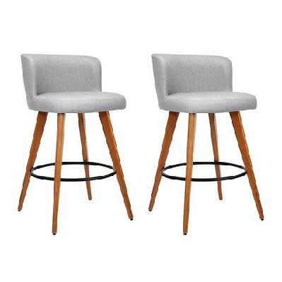 set of 2 wooden fabric bar stools circular footrest - light grey