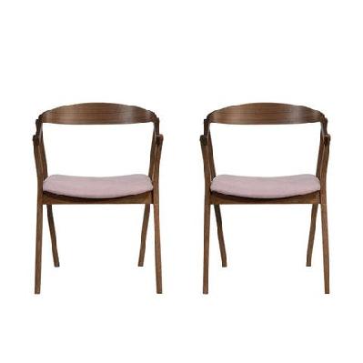 set of 2 wooden fabric seat kitchen dining chair - walnut/beige