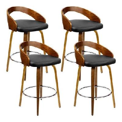 set of 4 walnut wood bar stools - black and brown
