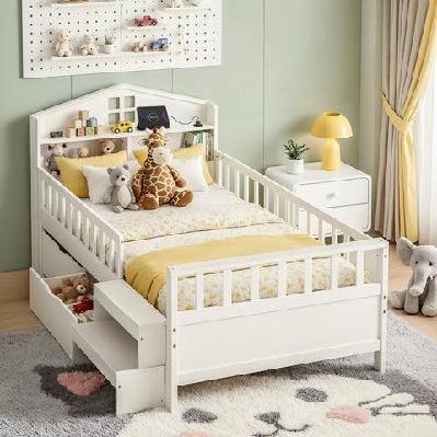 single bed frame with 2 storage drawers, montessori bed with headboard, 2 usb ports and led light, solid wood platform bed base with safety rail and ladder, 31cm under-bed storage, white