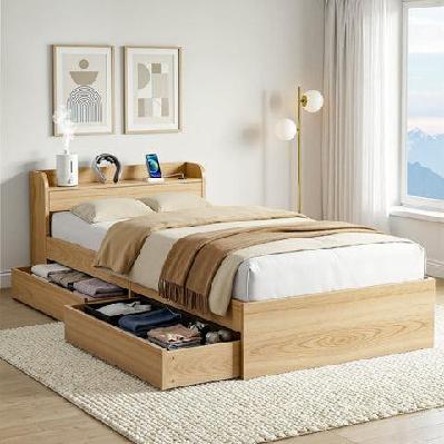 single bed frame with 2 storage drawers platform bed base with usb ports sturdy wooden slat support natural
