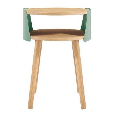 terra wooden round end lamp side table open shelf teal/natural
