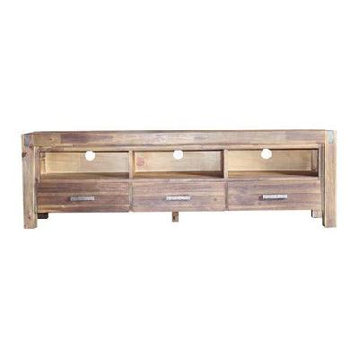 tv cabinet with 3 storage drawers with shelf solid acacia wooden frame entertainment unit in chocolate colour