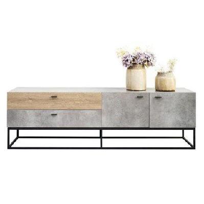 tv stand cabinet entertainment unit - black metal legs - dark oak / cement grey